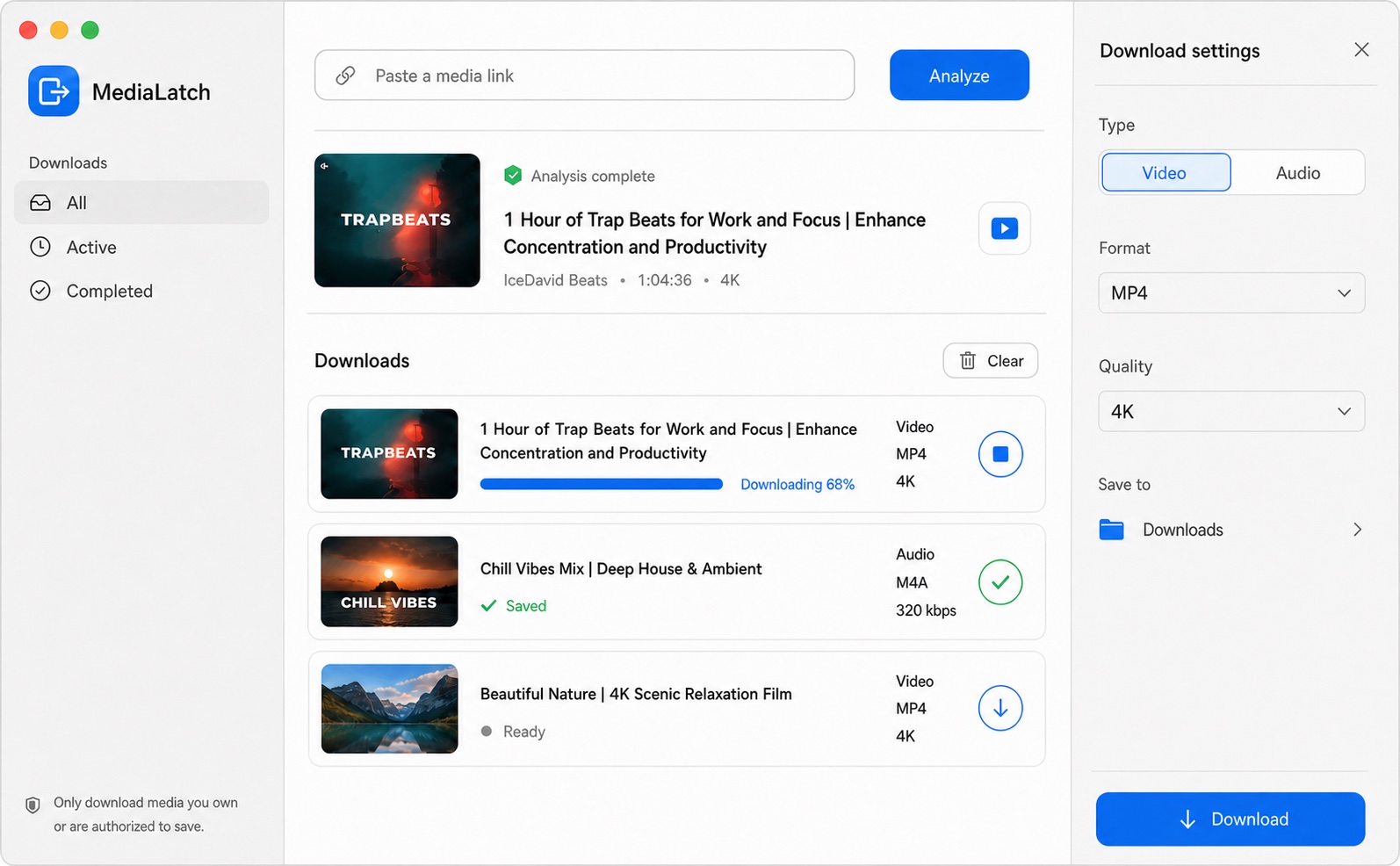 MediaLatch app showing an analyzed media link, active download queue, and format settings